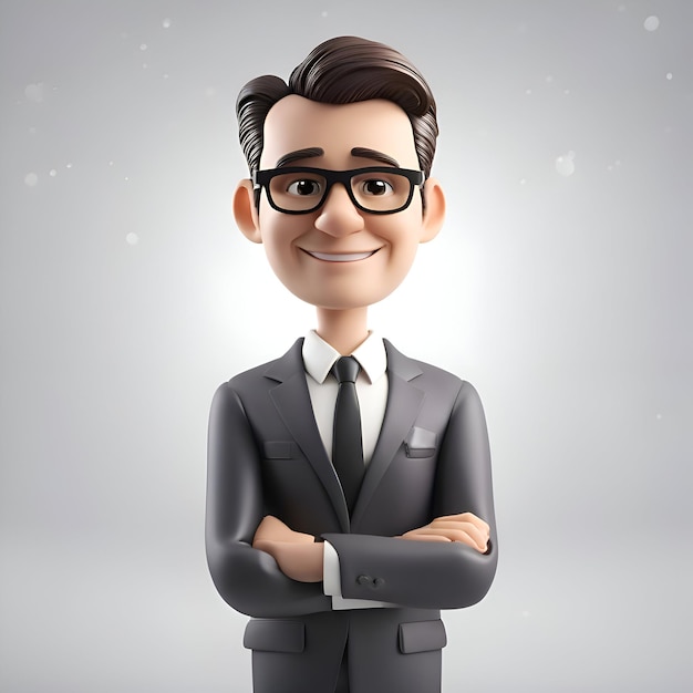 Illustrazione 3D di un giovane uomo d'affari con occhiali e un'espressione fiduciosa