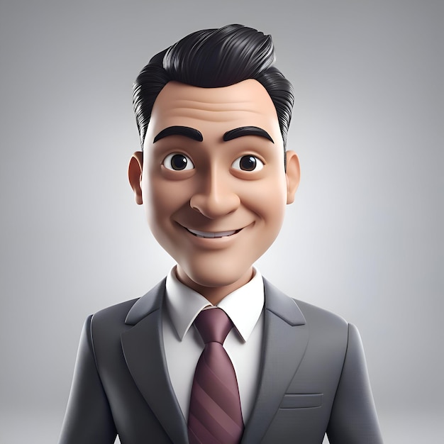 Illustrazione 3D di un imprenditore di cartoni animati sorridente in abito grigio e cravatta