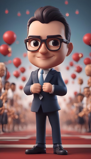 Illustrazione 3D di un simpatico uomo d'affari di cartoni animati in piedi davanti alla folla