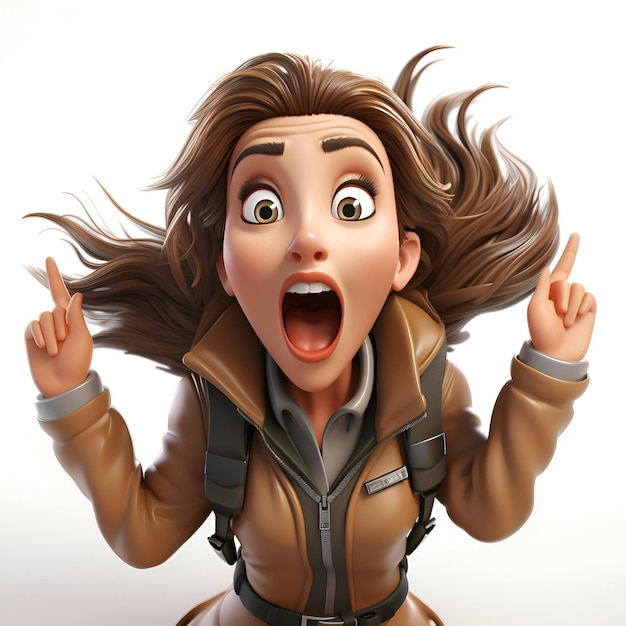 Illustrazione 3D di una backpacker donna con un'espressione di sorpresa