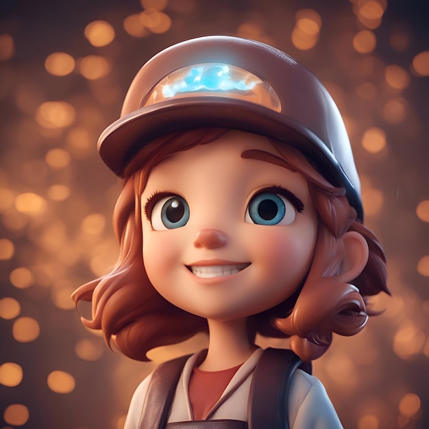 Illustrazione 3D di una graziosa ragazza dei cartoni animati con un casco