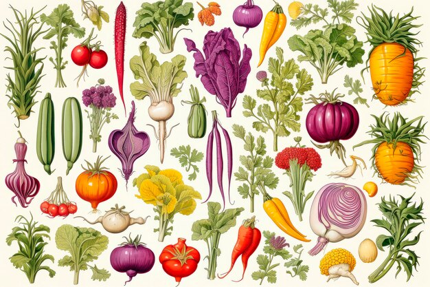 Illustrazione botanica fatta a mano di varie verdure