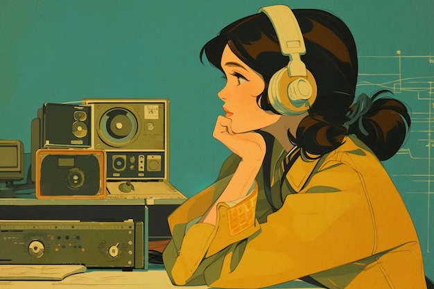 Illustrazione d'arte digitale retro di una persona che utilizza la tecnologia radio