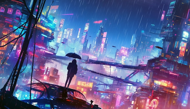 Illustrazione della pioggia nella città futuristica