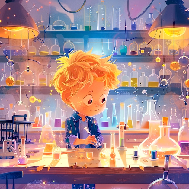 Illustrazione di cartoni animati di laboratorio di chimica per bambini