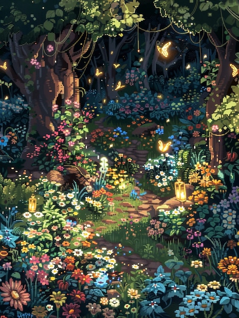 Illustrazione di giardino floreale in stile pixel art