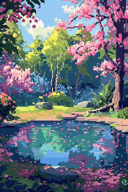 Illustrazione di giardino floreale in stile pixel art