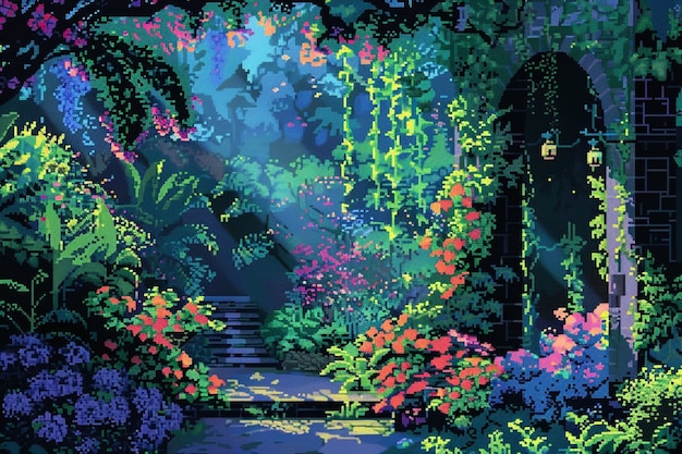 Illustrazione di giardino floreale in stile pixel art