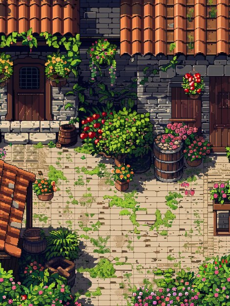 Illustrazione di giardino floreale in stile pixel art