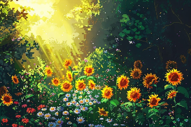 Illustrazione di giardino floreale in stile pixel art