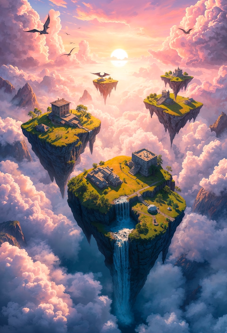 Foto gratuito illustrazione di paesaggio immaginario di isole galleggianti