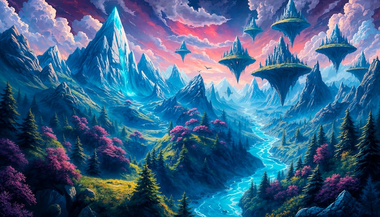 Foto gratuito illustrazione di paesaggio immaginario di isole galleggianti