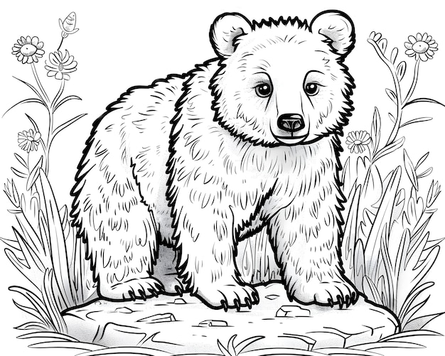 Illustrazione di pagina da colorare per l'orso a linea monocromatica