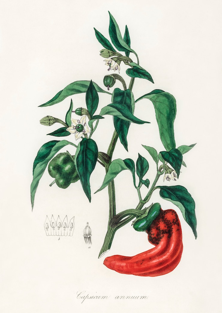 Foto gratuito illustrazione di peperoncino e peperoncino (capsicum annuum) dalla botanica medica