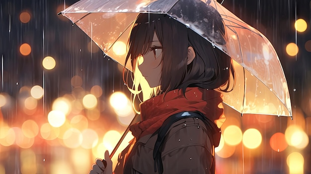 Illustrazione di un personaggio dell'anime sotto la pioggia