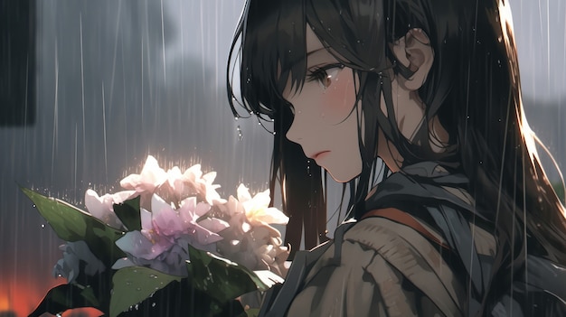 Illustrazione di un personaggio dell'anime sotto la pioggia