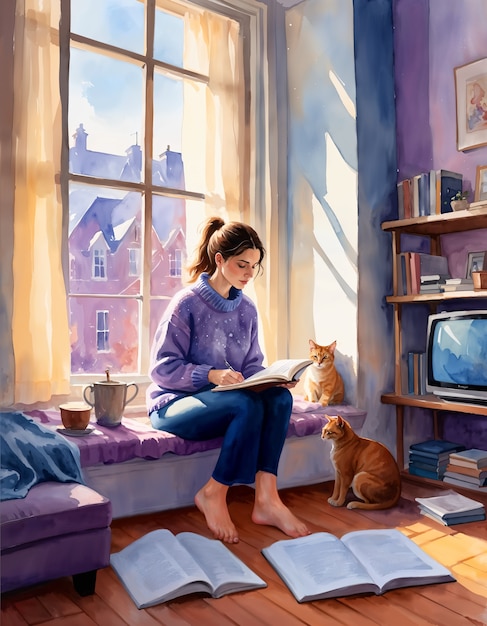 Illustrazione di una donna e il suo gatto domestico