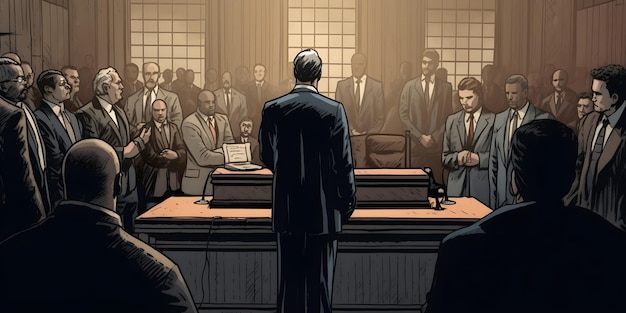 illustrazione di una grande sala giudiziaria in stile fumetto