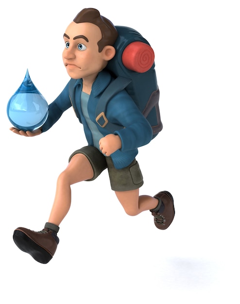Illustrazione divertente di un viaggiatore con zaino e sacco a pelo del fumetto 3D