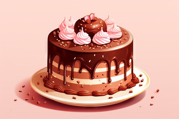 Illustrazione isometrica di una torta di compleanno al cioccolato su uno sfondo rosa chiaro
