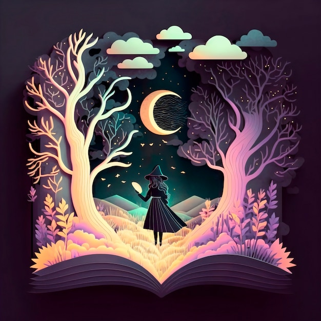 Illustrazione magica del libro delle fiabe con una silhouette che nella foresta di notte