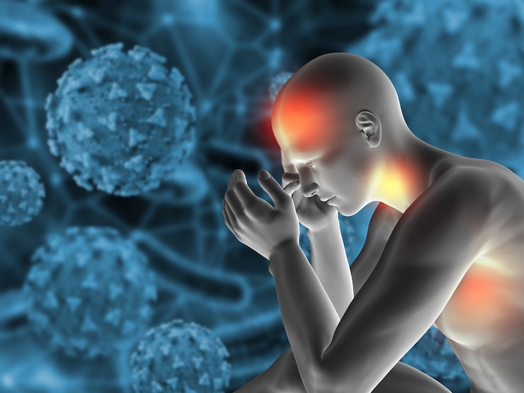 Foto gratuito illustrazione medica 3d con figura maschile che mostra i sintomi del virus covid 19