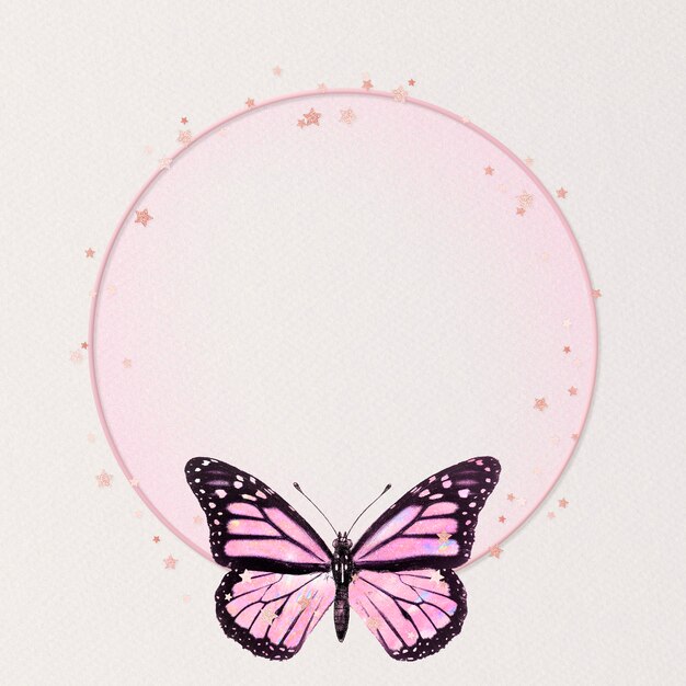 Illustrazione olografica del cerchio della cornice della farfalla rosa scintillante