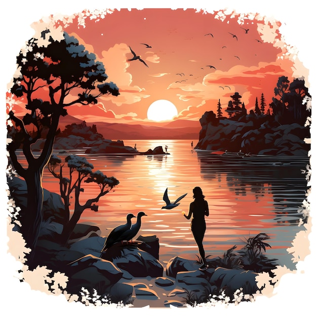 illustrazione retrò del paesaggio del tramonto