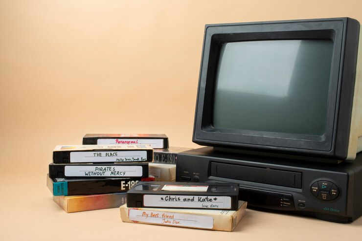 Foto gratuito imballaggio vhs retrò e computer