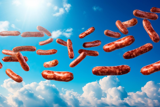 Immagine composita di salsicce tedesche che volano su uno sfondo di cielo blu