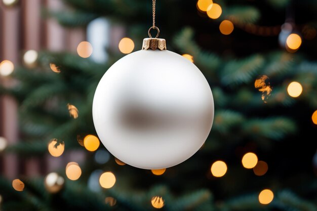 Immagine di una palla di Natale bianca appesa a un ramo di abete