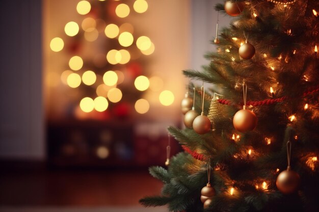 Immagine natalizia di un albero con una stanza decorata con luci sbiadite sullo sfondo