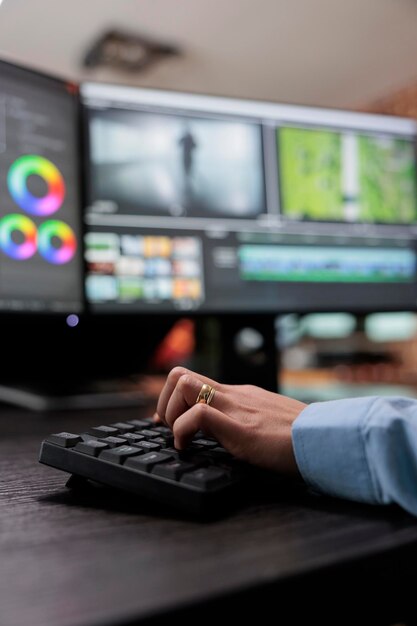 Immagine ravvicinata dell'editor di grafica video che utilizza un software specializzato per modificare filmati e migliorare la qualità visiva. Videografo professionista seduto su una workstation multi monitor che migliora i fotogrammi dei film.