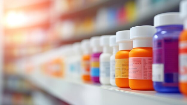 Immagine sfocata di scaffali di farmacie pieni di medicine