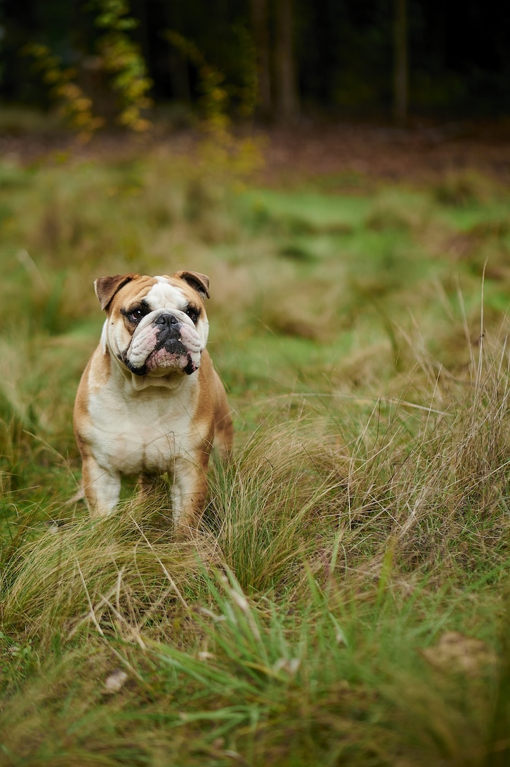 Foto gratuito immagine verticale del bulldogge inglese sul campo