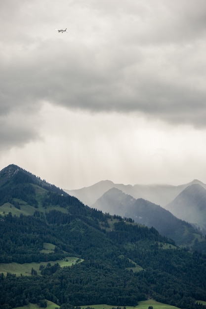 Immagine verticale di montagne rocciose coperte di foreste e nebbia sotto il cielo nuvoloso