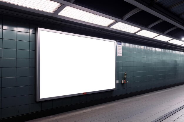 Immagine vuota del poster del cartellone pubblicitario della metropolitana con struttura in metallo e parete piastrellata