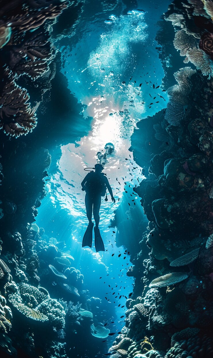 Foto gratuito immergersi in mare circondato da natura selvaggia