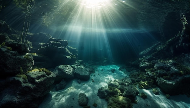 Immergersi nel paesaggio marino blu esplorando la bellezza sottomarina generata dall'intelligenza artificiale