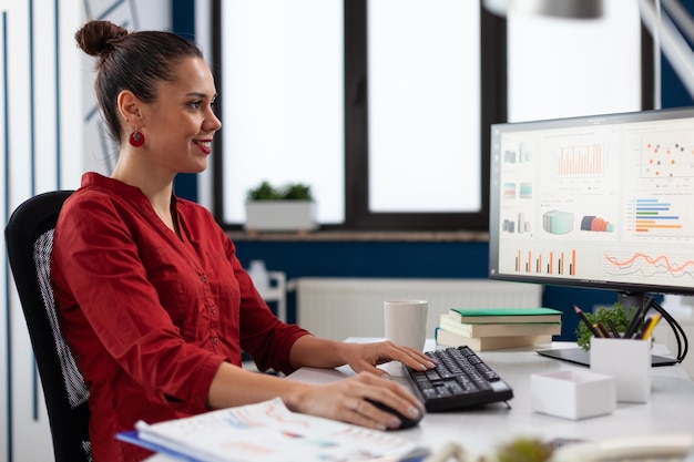Imprenditore guardando i grafici sullo schermo del computer nell'ufficio di avvio. Donna di affari sorridente che lavora ai rapporti alla scrivania. Impiegato di successo in camicia rossa che utilizza un PC desktop per analizzare i dati aziendali.