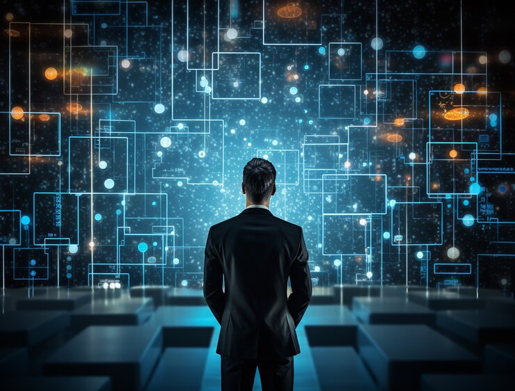 Foto gratuito imprenditore in un ambiente imprenditoriale futuristico