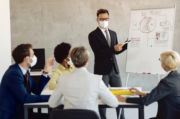 Imprenditore maschio con maschera facciale che fa una presentazione aziendale al suo collega in ufficio