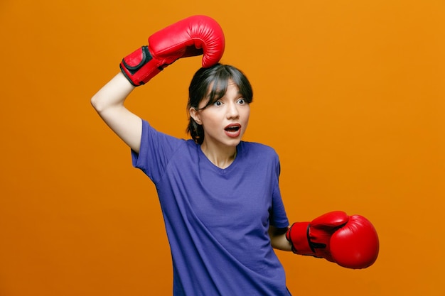 Impressionata giovane donna sportiva che indossa maglietta e guantoni da boxe guardando il lato tenendo la mano in aria e graffiando la testa con un'altra mano isolata su sfondo arancione
