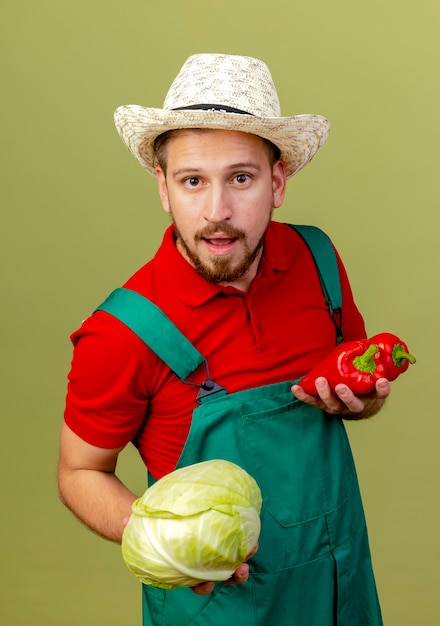 Impressionato giovane giardiniere slavo bello in uniforme e cappello che tiene peperoni e cavolo cercando