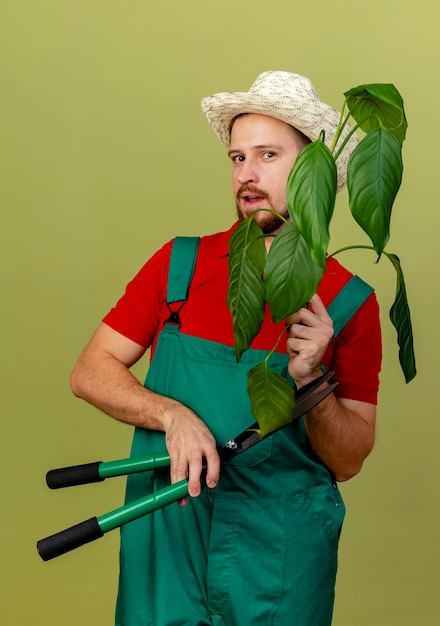 Impressionato giovane giardiniere slavo bello in uniforme e cappello che tiene pianta e potatori isolati sulla parete verde oliva