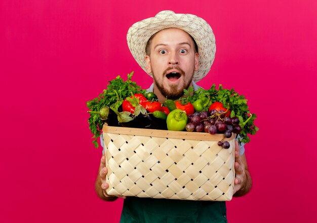 Impressionato giovane giardiniere slavo bello in uniforme e cappello con cesto di verdure isolato sulla parete cremisi con lo spazio della copia