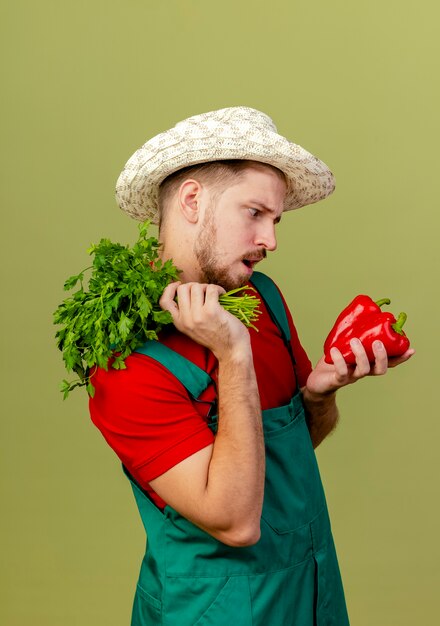 Impressionato giovane giardiniere slavo bello in uniforme e cappello in piedi in vista di profilo che tiene il coriandolo sulla spalla e peperoni guardando i peperoni isolati sulla parete verde oliva