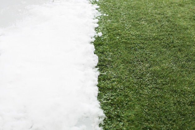 Incontro con la neve bianca e l'erba verde da vicino - tra lo sfondo del concetto di inverno e primavera. Immagine concettuale sulla primavera.