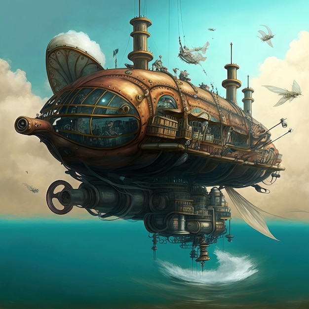 Incredibile grande palloncino steampunk che galleggia sopra la superficie dell'acqua illustrazioni generative ai