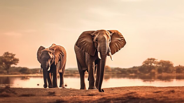 Incredibili elefanti africani al concetto di tramonto AI immagine generata